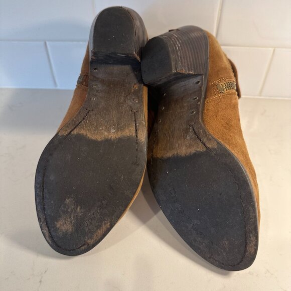 Sam Edelman Louie Ankle Boots Womens Size 7.5 M Brown Tan Suede Fringe Trim Zip - Picture 10 of 13